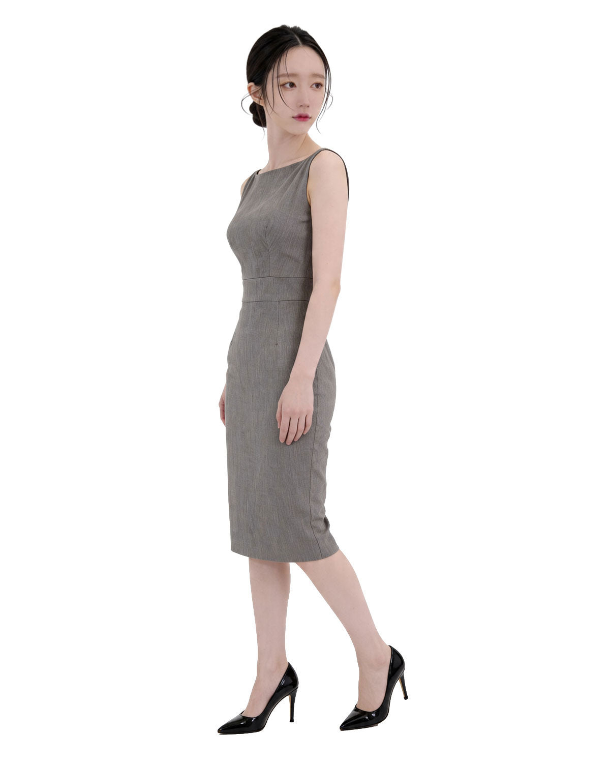 Boat Neck Textured Sleeveless Midi Bodycon Dress [Extreme Slim]