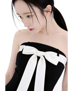 Charming Bow-Accent Contrast Strapless Bodycon Midi Dress [Extreme Slim]