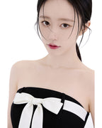 Charming Bow-Accent Contrast Strapless Bodycon Midi Dress [Extreme Slim]