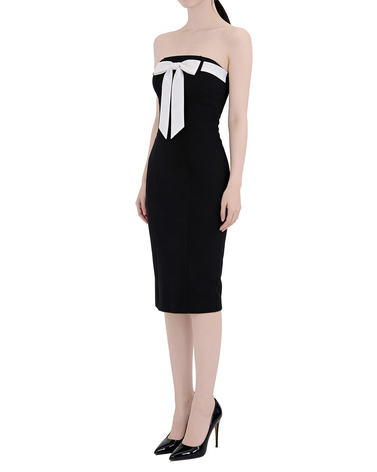 Charming Bow-Accent Contrast Strapless Bodycon Midi Dress [Extreme Slim]