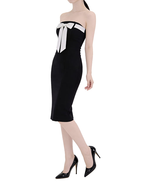 Charming Bow-Accent Contrast Strapless Bodycon Midi Dress [Extreme Slim]