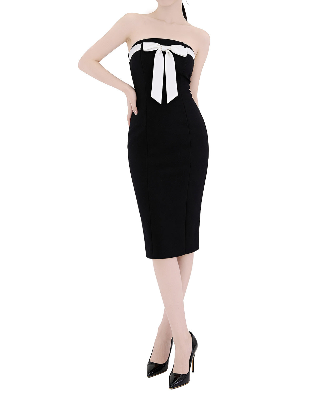 Charming Bow-Accent Contrast Strapless Bodycon Midi Dress [Extreme Slim]