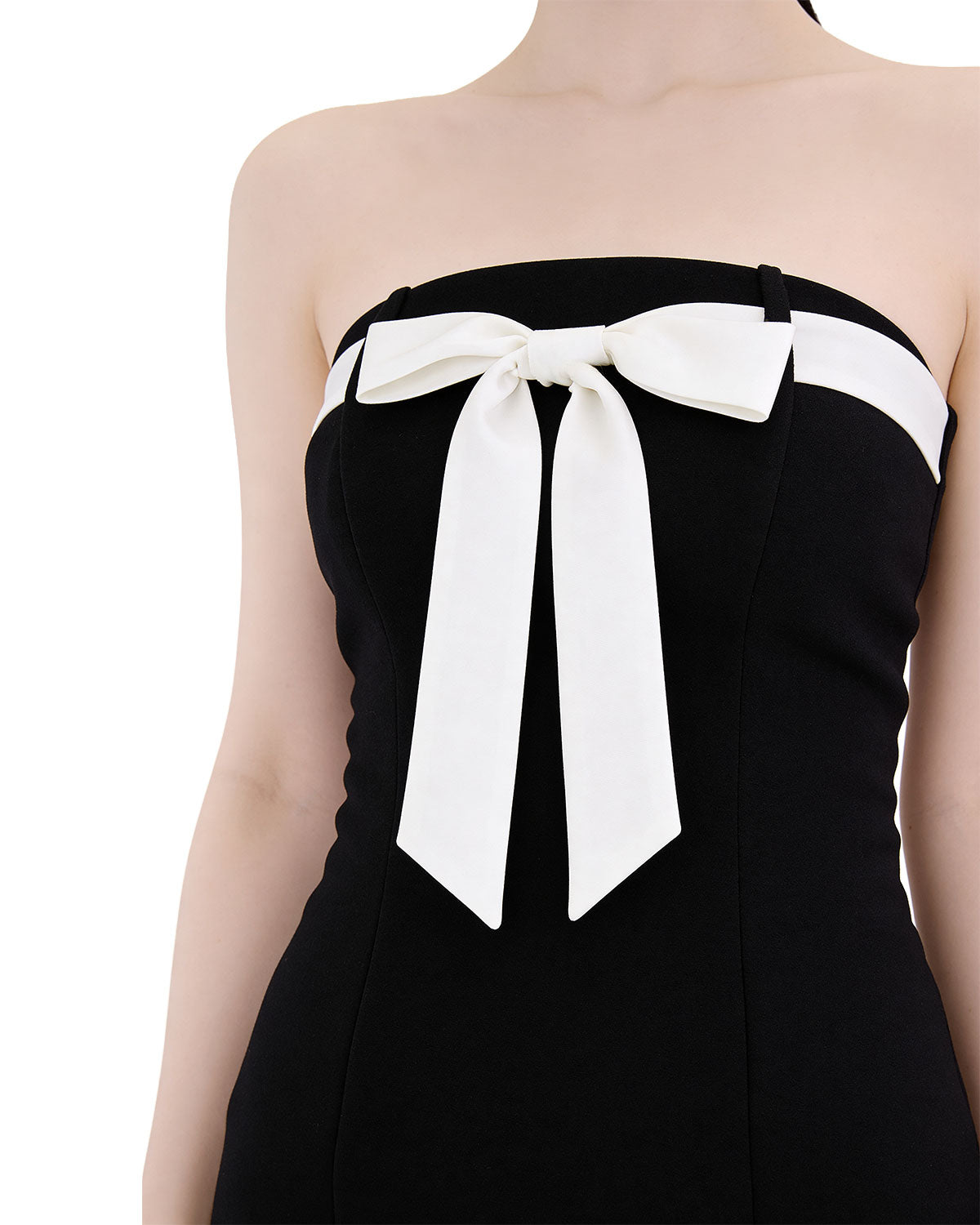 Charming Bow-Accent Contrast Strapless Bodycon Midi Dress [Extreme Slim]