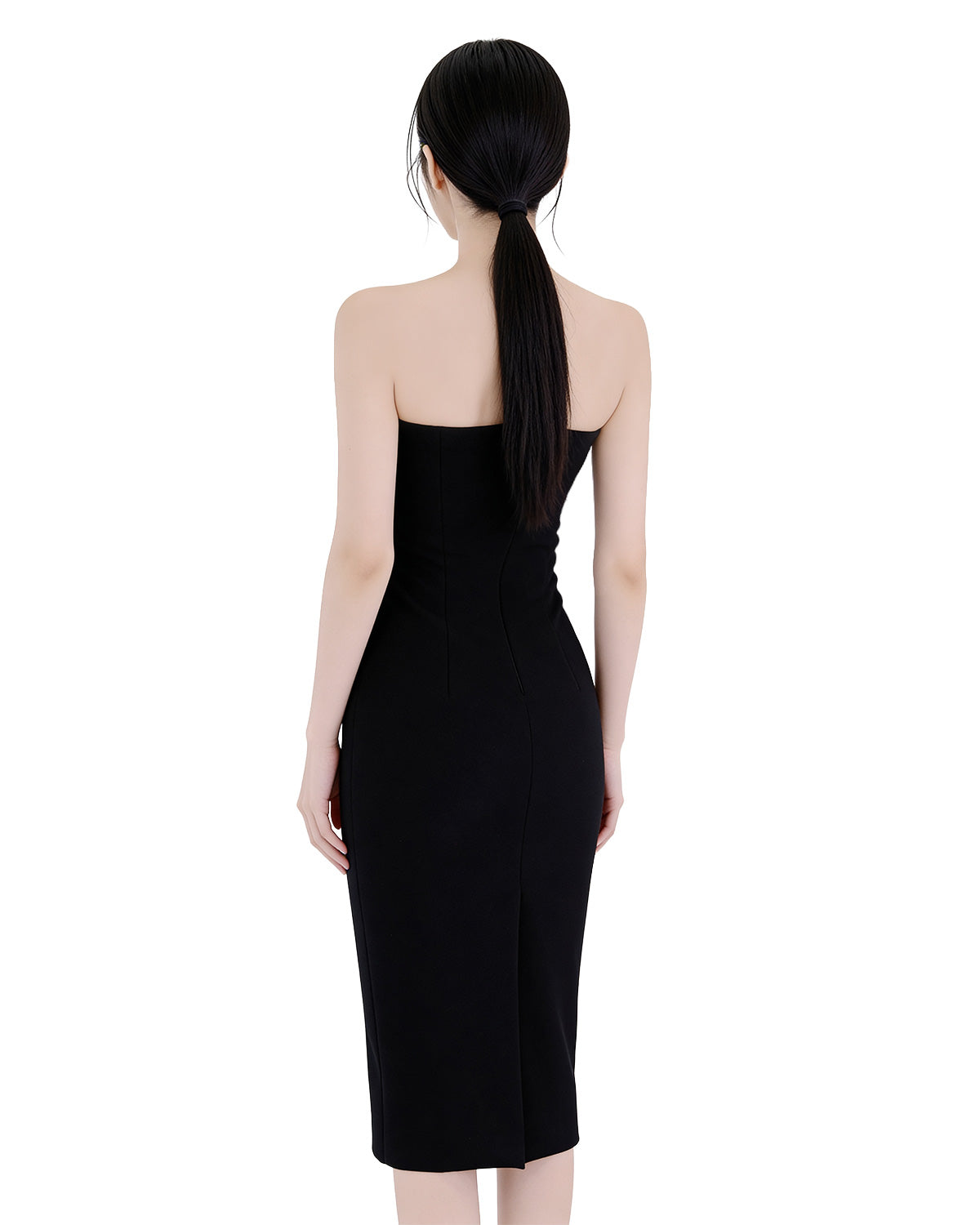 Charming Bow-Accent Contrast Strapless Bodycon Midi Dress [Extreme Slim]