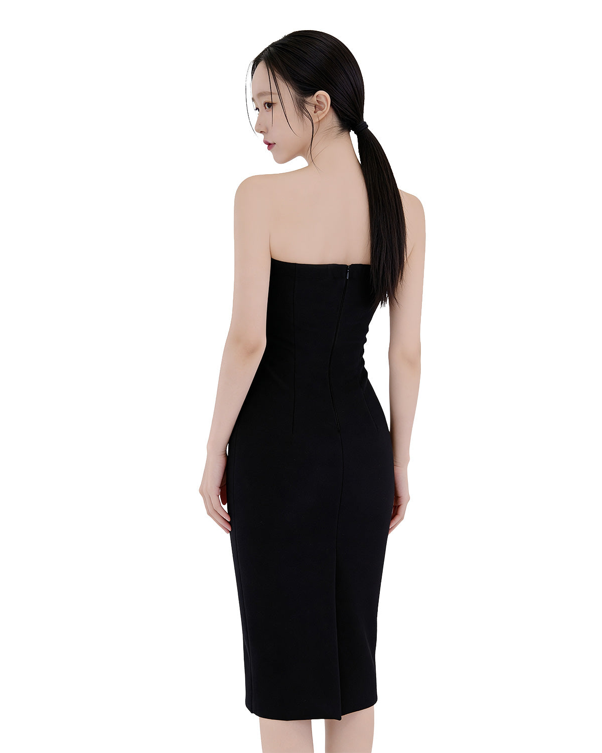 Charming Bow-Accent Contrast Strapless Bodycon Midi Dress [Extreme Slim]