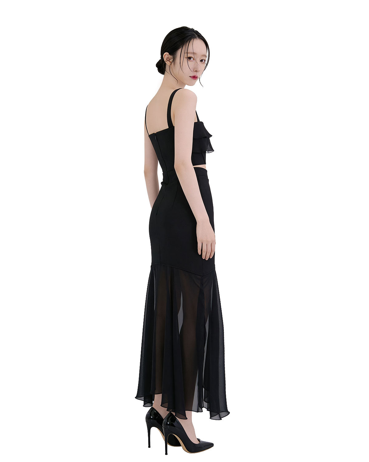 Charming Ruffle Cut-Out Sheer Maxi Dress [Slim Fit]
