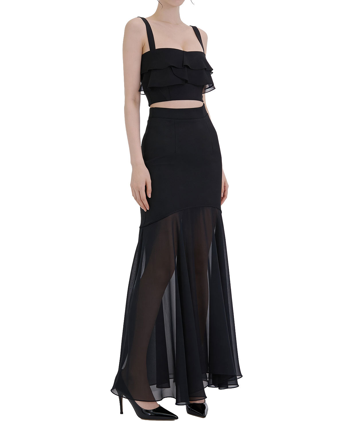Charming Ruffle Cut-Out Sheer Maxi Dress [Slim Fit]