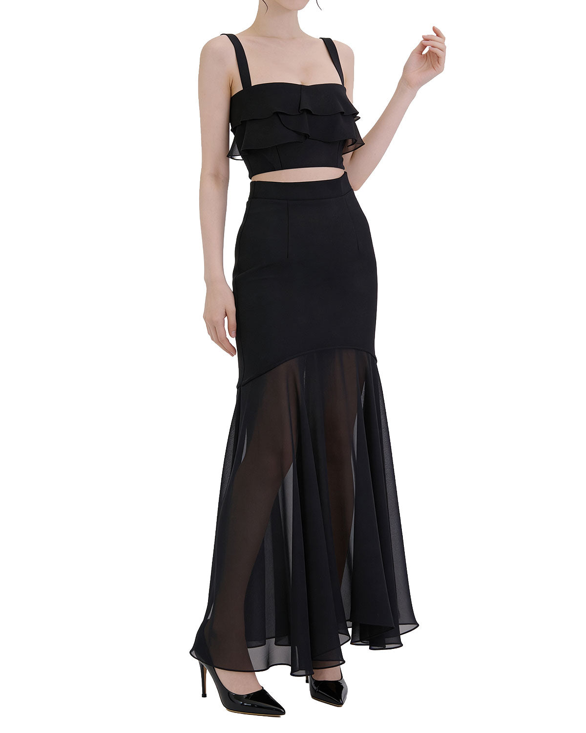 Charming Ruffle Cut-Out Sheer Maxi Dress [Slim Fit]