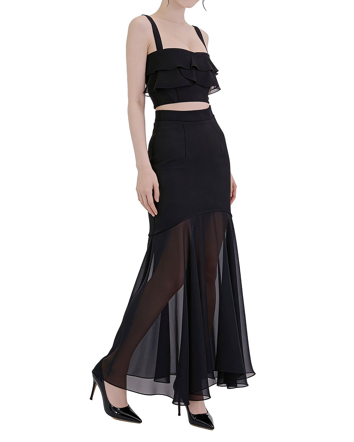 Charming Ruffle Cut-Out Sheer Maxi Dress [Slim Fit]