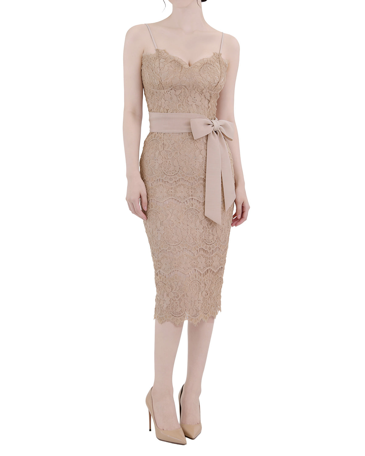 Charming Scalloped Lace Dress with Detachable Tie [Slim Fit]