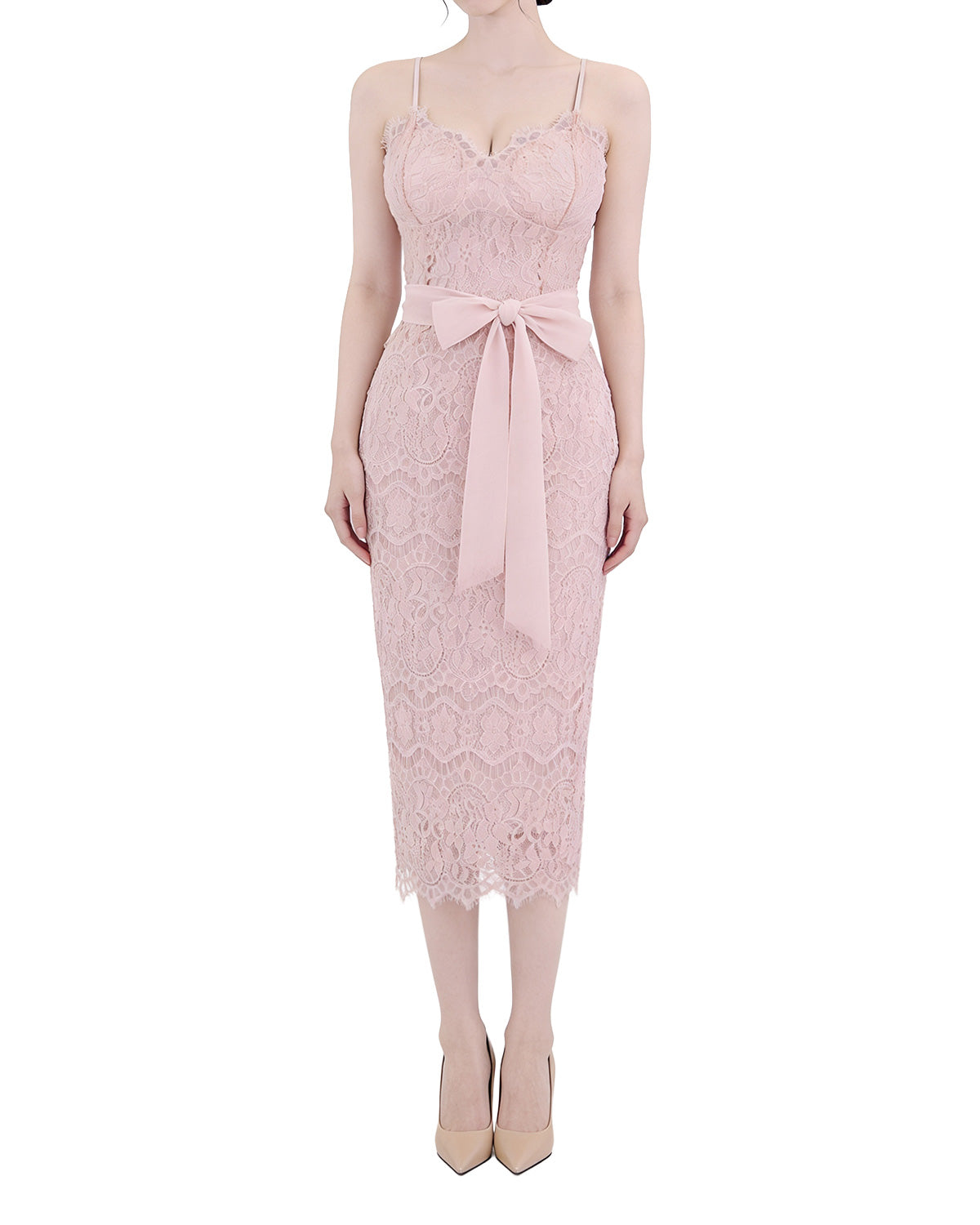 Charming Scalloped Lace Dress with Detachable Tie [Slim Fit]