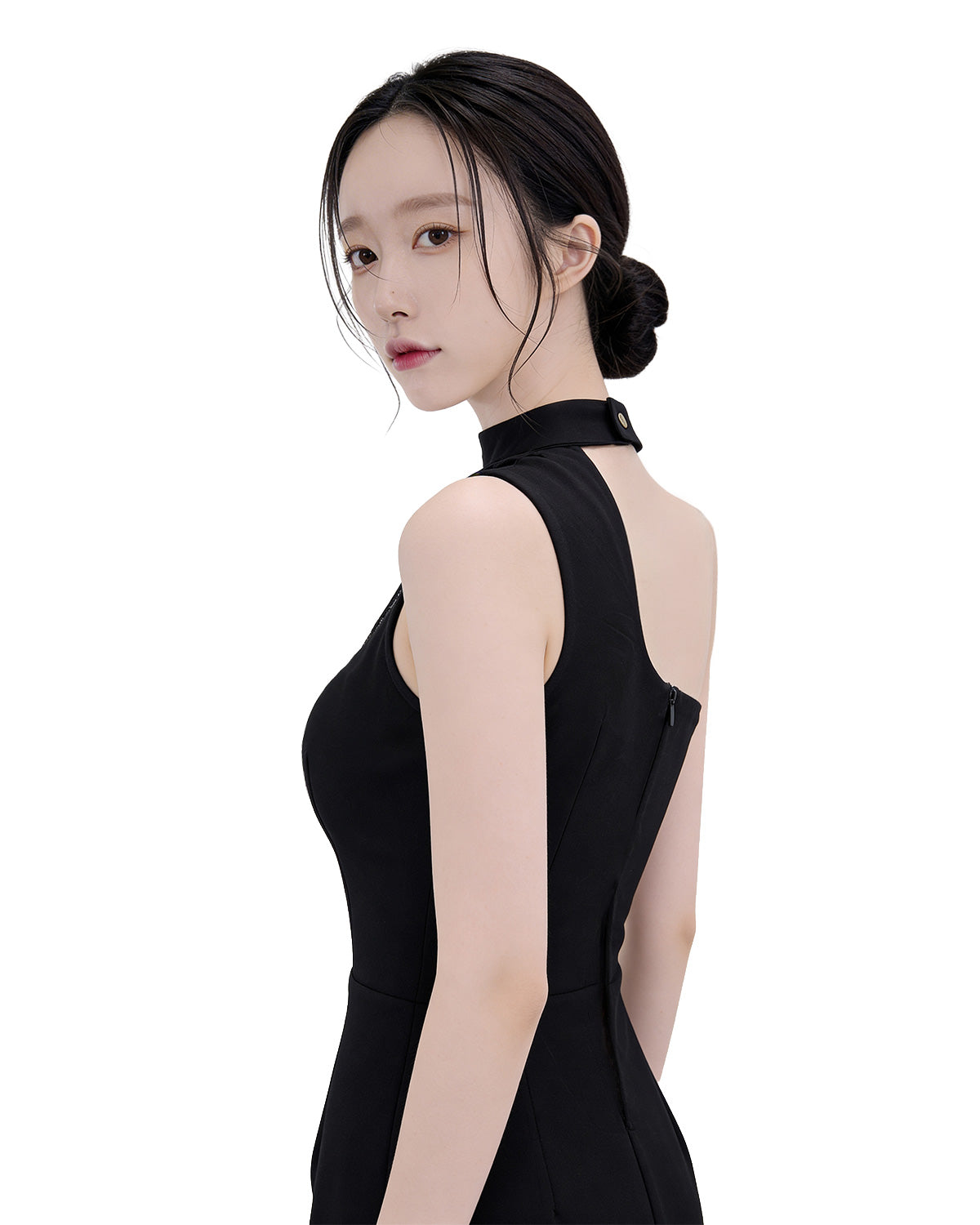 Choker One-Shoulder Lace Panel Midi Dress [Extreme Slim]