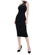 Choker One-Shoulder Lace Panel Midi Dress [Extreme Slim]