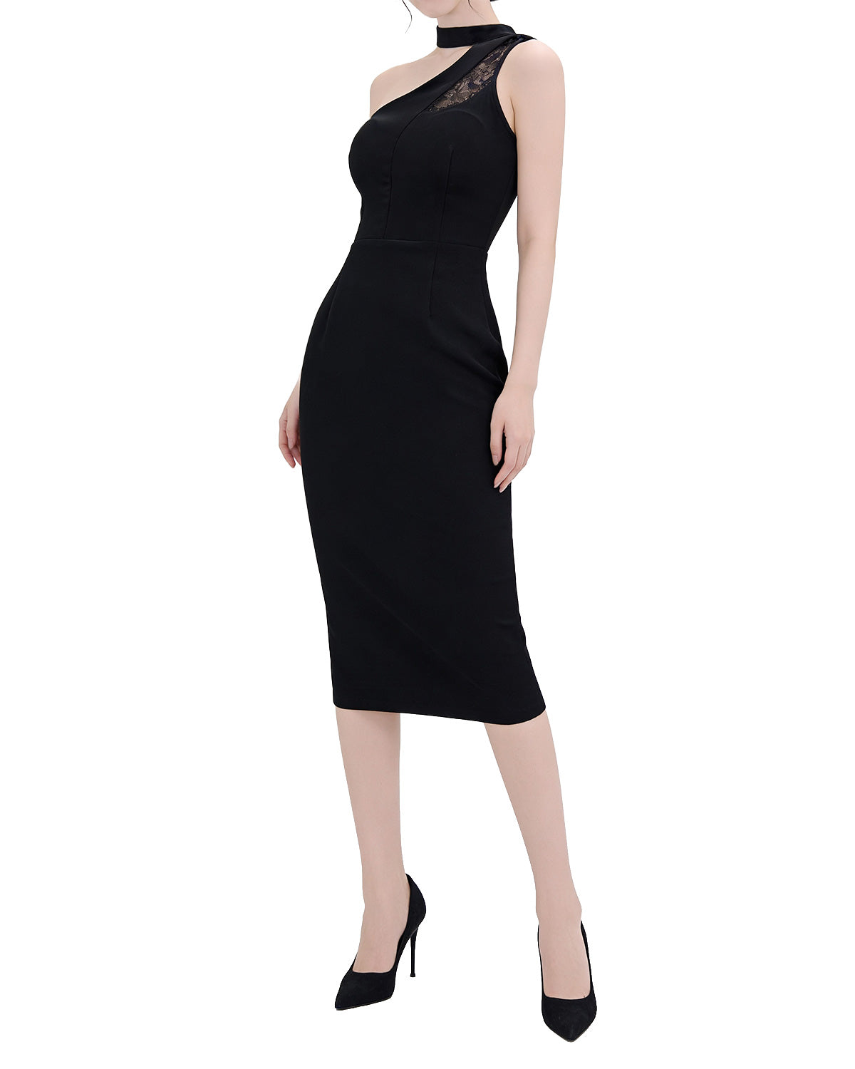 Choker One-Shoulder Lace Panel Midi Dress [Extreme Slim]