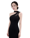 Choker One-Shoulder Lace Panel Midi Dress [Extreme Slim]