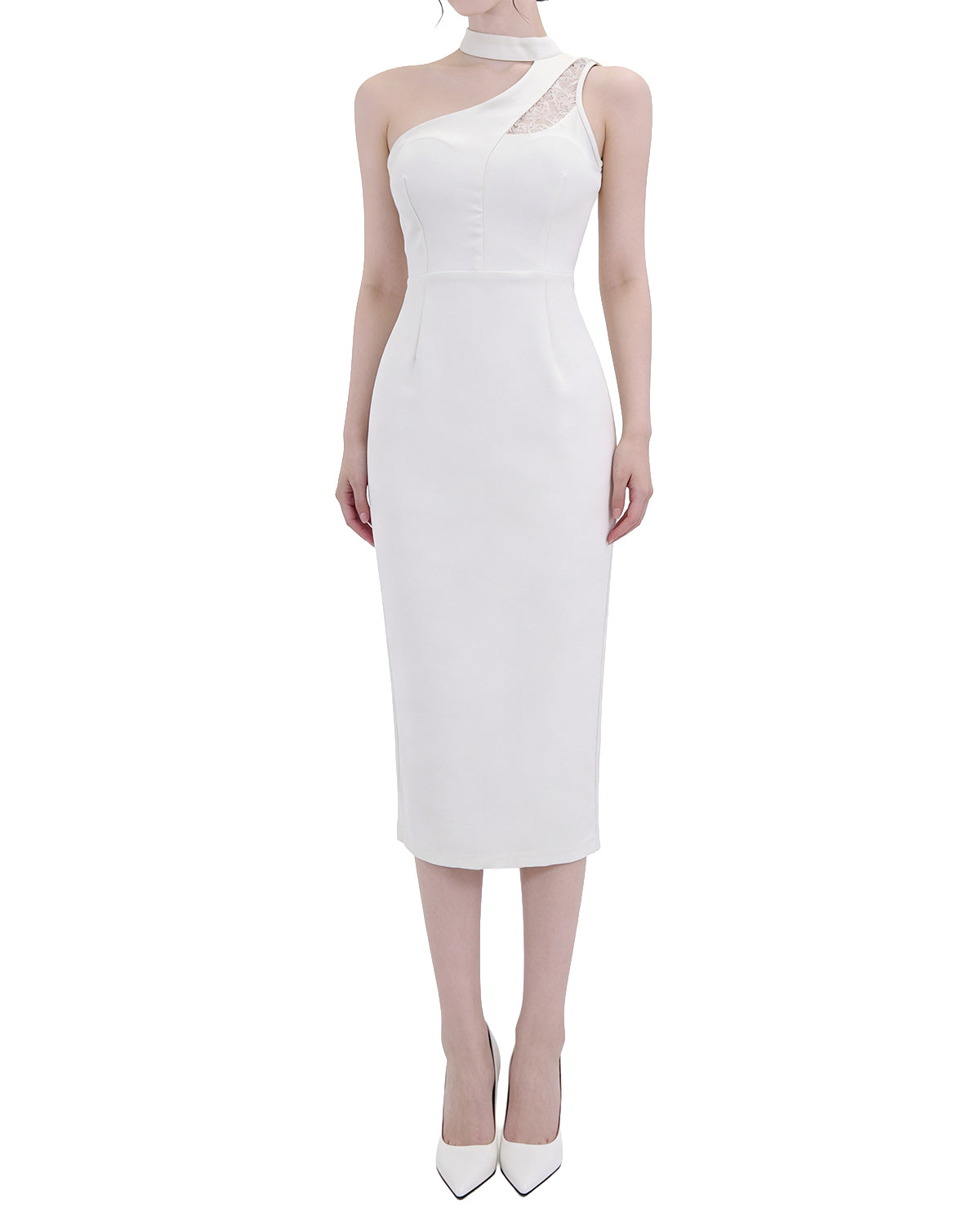 Choker One-Shoulder Lace Panel Midi Dress [Extreme Slim]