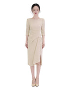 Classy Draped Waist Three-Quarter Sleeve Midi Dress [Regular Fit]