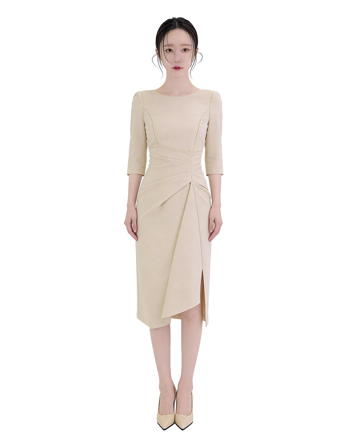 Classy Draped Waist Three-Quarter Sleeve Midi Dress [Regular Fit]