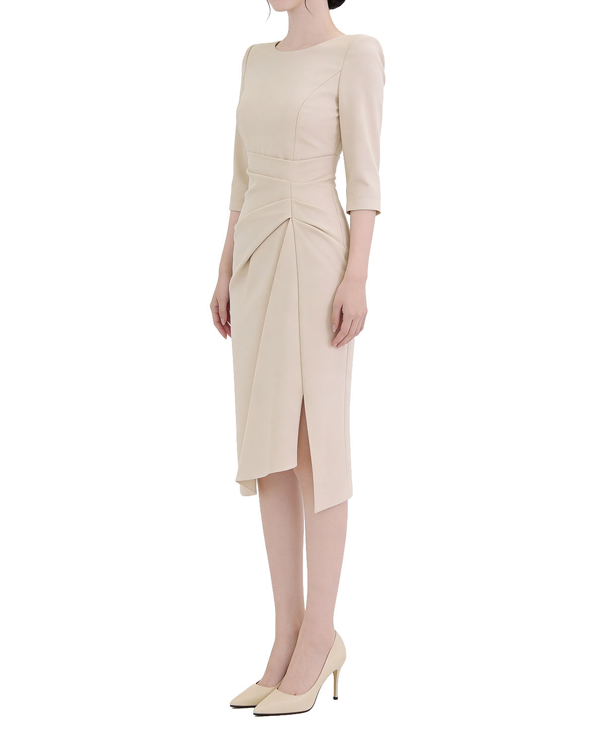 Classy Draped Waist Three-Quarter Sleeve Midi Dress [Regular Fit]