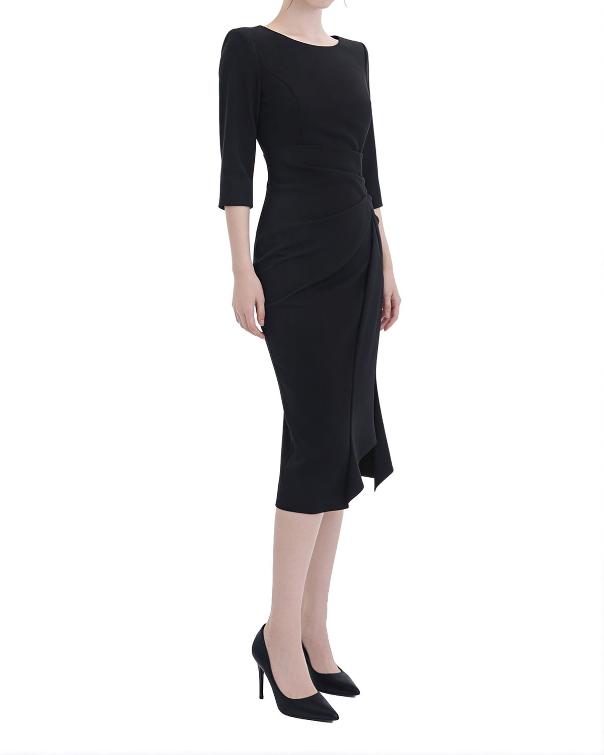 Classy Draped Waist Three-Quarter Sleeve Midi Dress [Regular Fit]