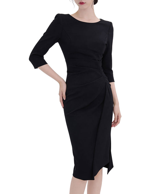 Classy Draped Waist Three-Quarter Sleeve Midi Dress [Regular Fit]