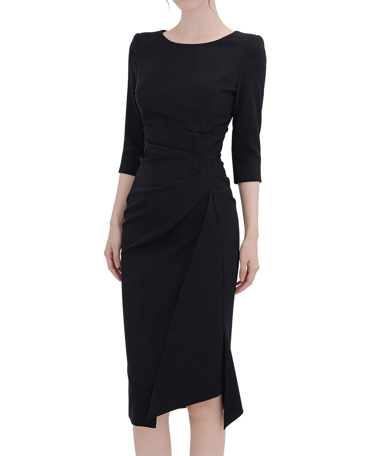 Classy Draped Waist Three-Quarter Sleeve Midi Dress [Regular Fit]