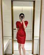 Dramatic Volume Puff Sleeve Cinch-Waist Mini Dress [Slim Fit]