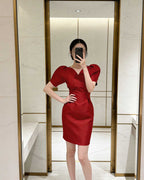 Dramatic Volume Puff Sleeve Cinch-Waist Mini Dress [Slim Fit]