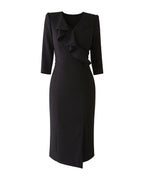 Elegant Ruffle V-Neck Three-Quarter Sleeve Midi Dress [Regular Fit]