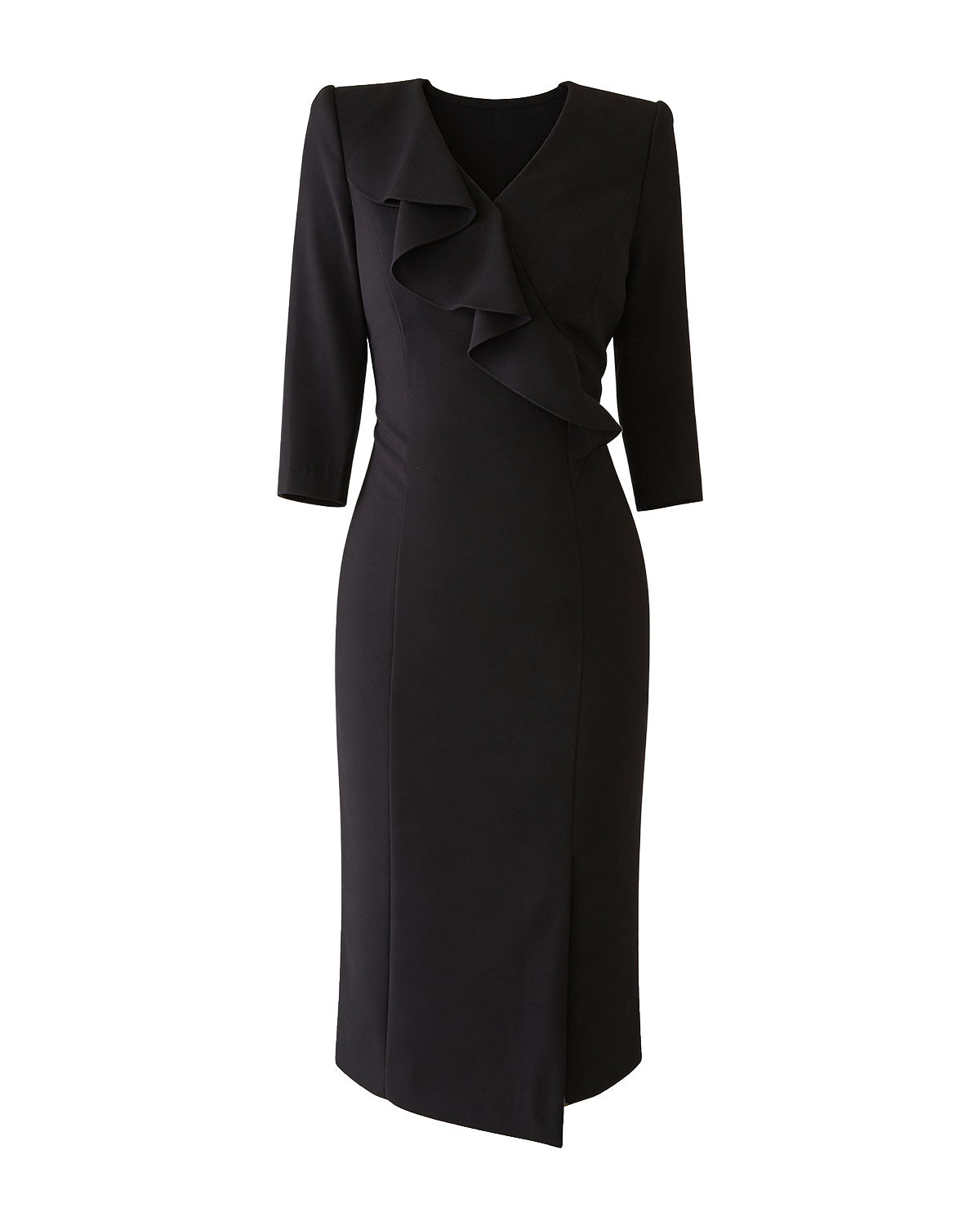 Elegant Ruffle V-Neck Three-Quarter Sleeve Midi Dress [Regular Fit]