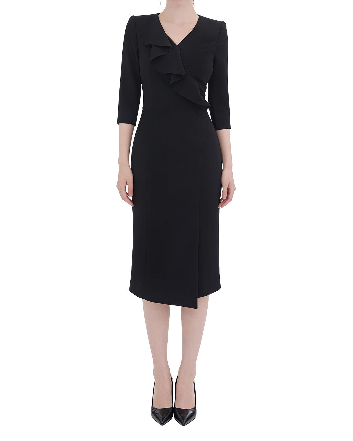 Elegant Ruffle V-Neck Three-Quarter Sleeve Midi Dress [Regular Fit]