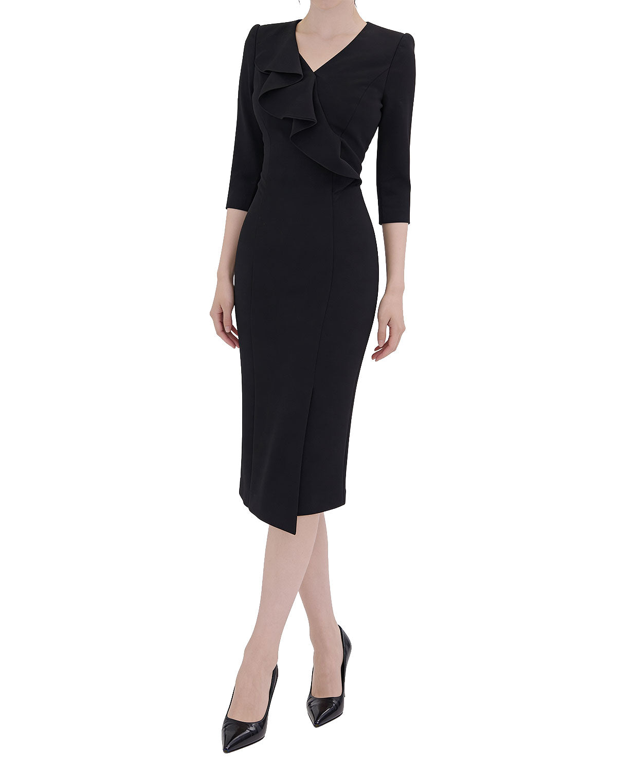 Elegant Ruffle V-Neck Three-Quarter Sleeve Midi Dress [Regular Fit]