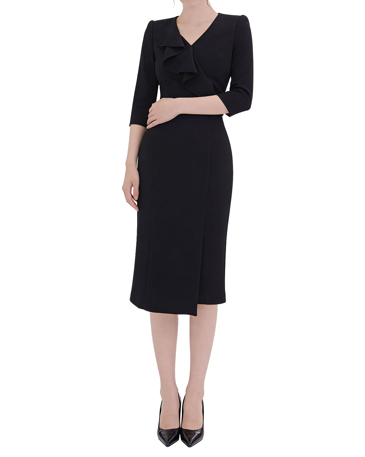Elegant Ruffle V-Neck Three-Quarter Sleeve Midi Dress [Regular Fit]
