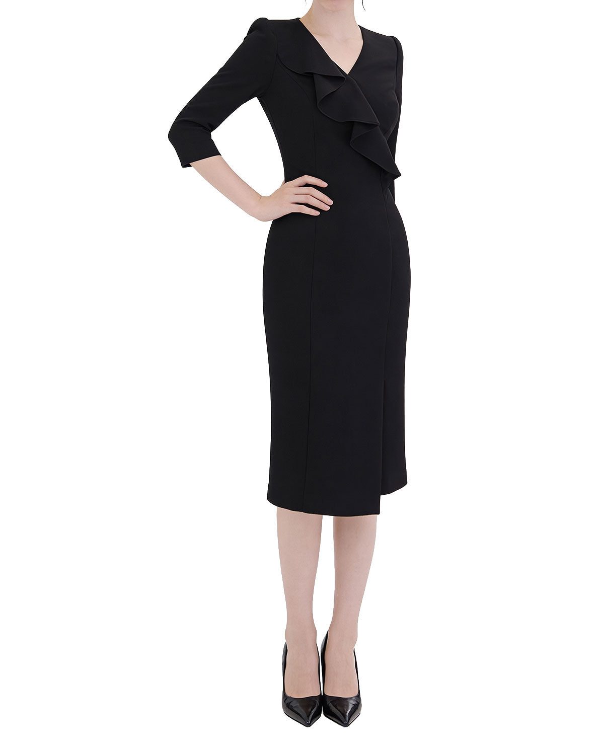 Elegant Ruffle V-Neck Three-Quarter Sleeve Midi Dress [Regular Fit]