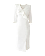 Elegant Ruffle V-Neck Three-Quarter Sleeve Midi Dress [Regular Fit]