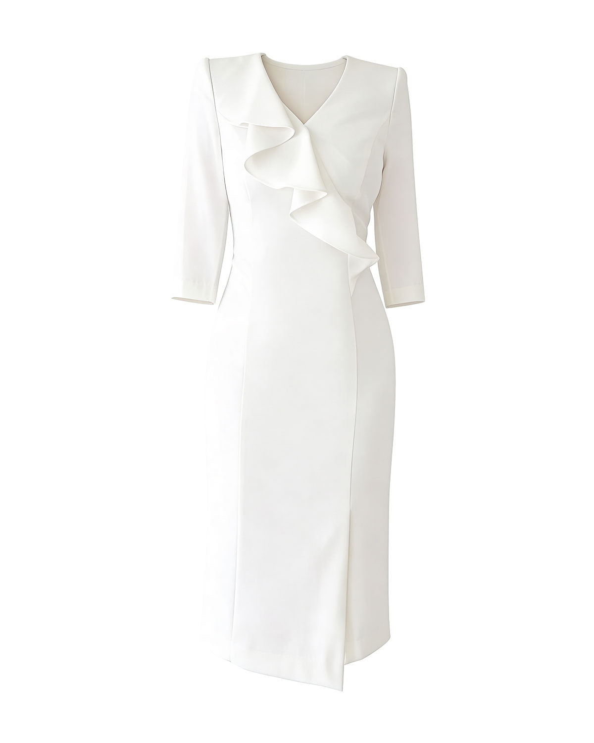 Elegant Ruffle V-Neck Three-Quarter Sleeve Midi Dress [Regular Fit]