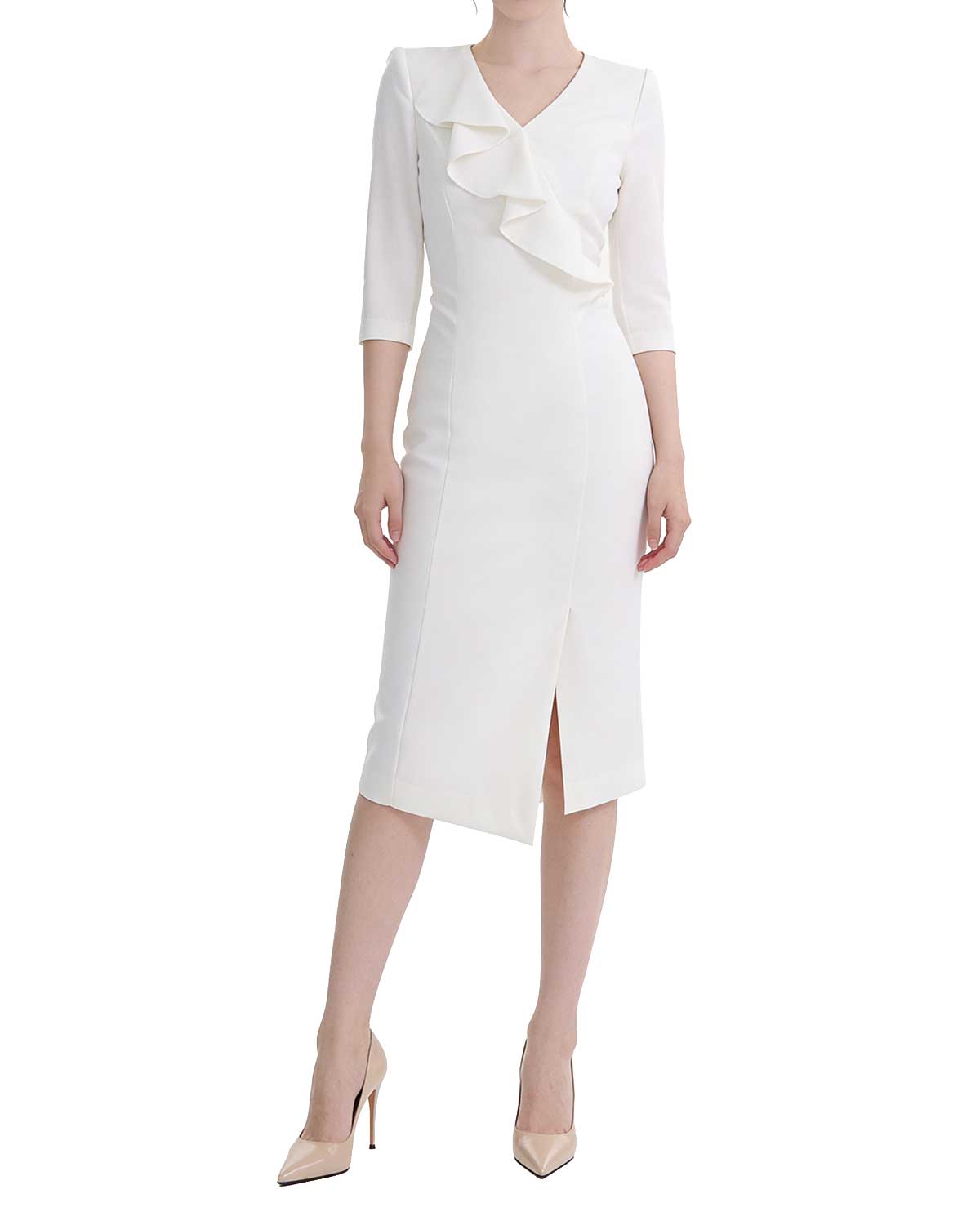 Elegant Ruffle V-Neck Three-Quarter Sleeve Midi Dress [Regular Fit]