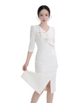 Elegant Ruffle V-Neck Three-Quarter Sleeve Midi Dress [Regular Fit]