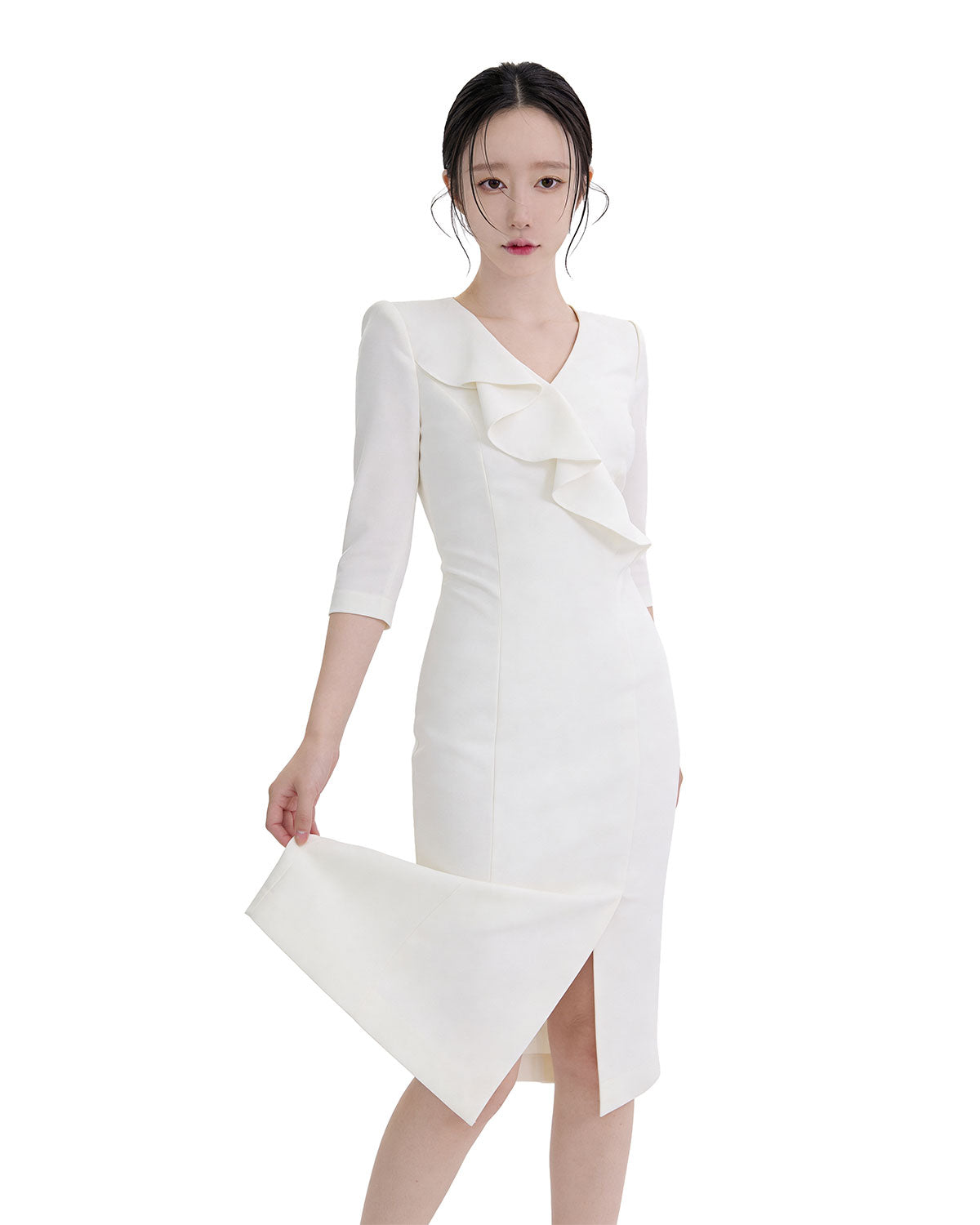 Elegant Ruffle V-Neck Three-Quarter Sleeve Midi Dress [Regular Fit]