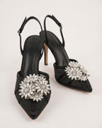 Estelle Floral Crystal Satin Mesh Slingbacks