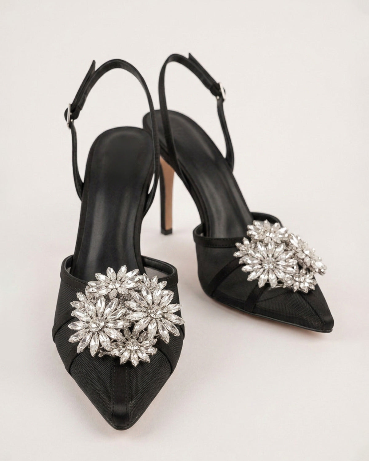 Estelle Floral Crystal Satin Mesh Slingbacks