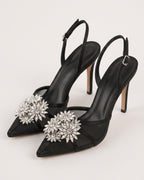 Estelle Floral Crystal Satin Mesh Slingbacks