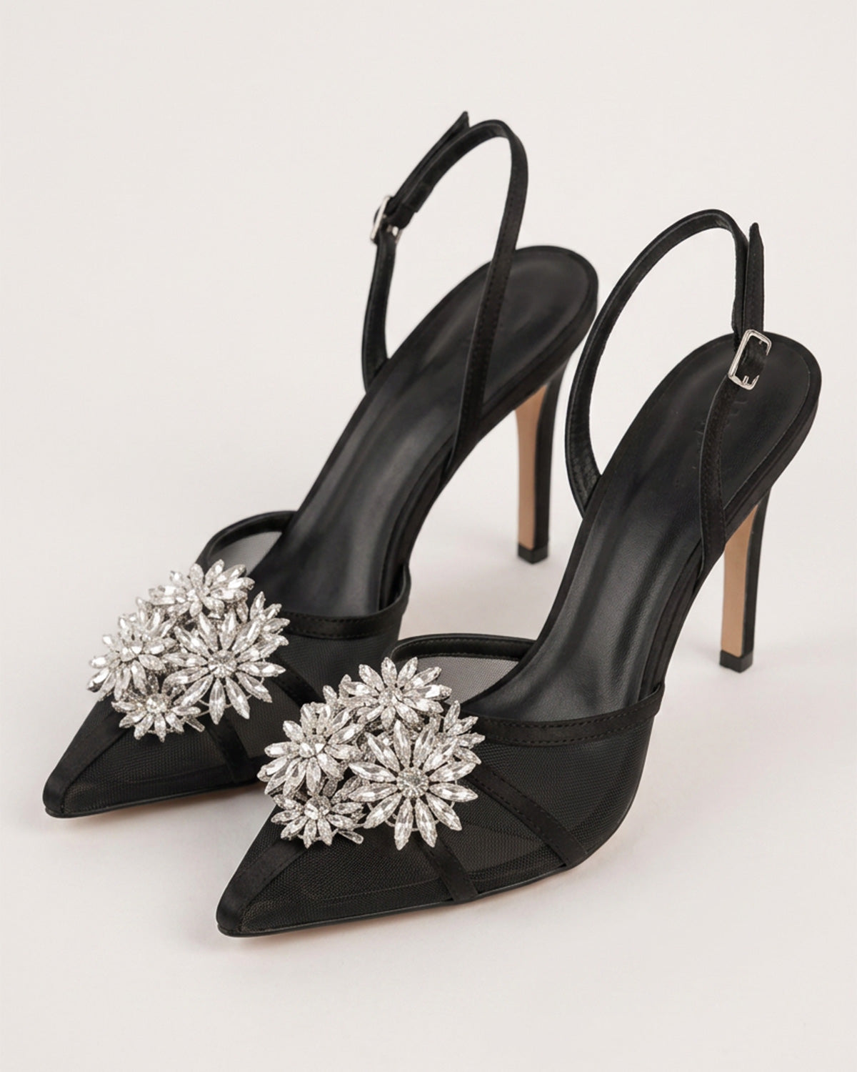 Estelle Floral Crystal Satin Mesh Slingbacks