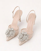 Estelle Floral Crystal Satin Mesh Slingbacks