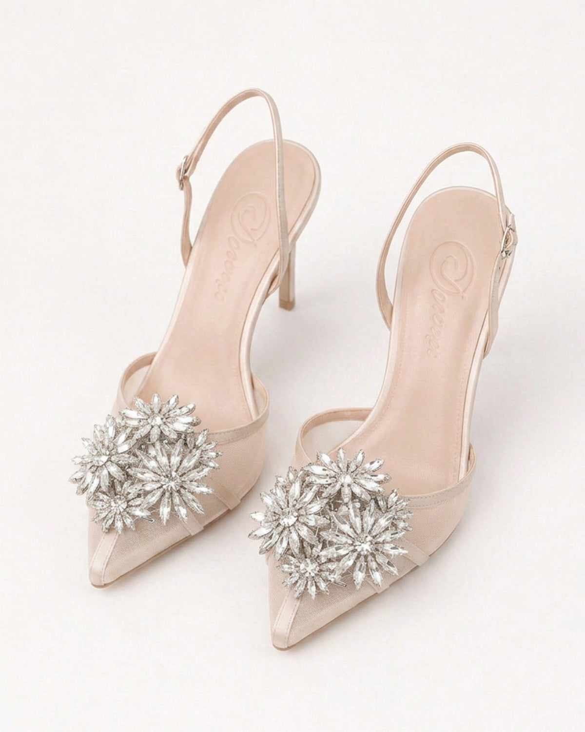 Estelle Floral Crystal Satin Mesh Slingbacks