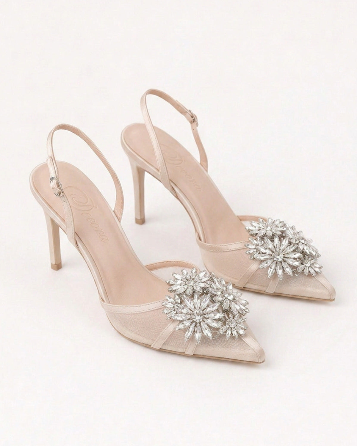 Estelle Floral Crystal Satin Mesh Slingbacks