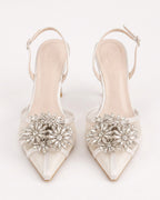 Estelle Floral Crystal Satin Mesh Slingbacks