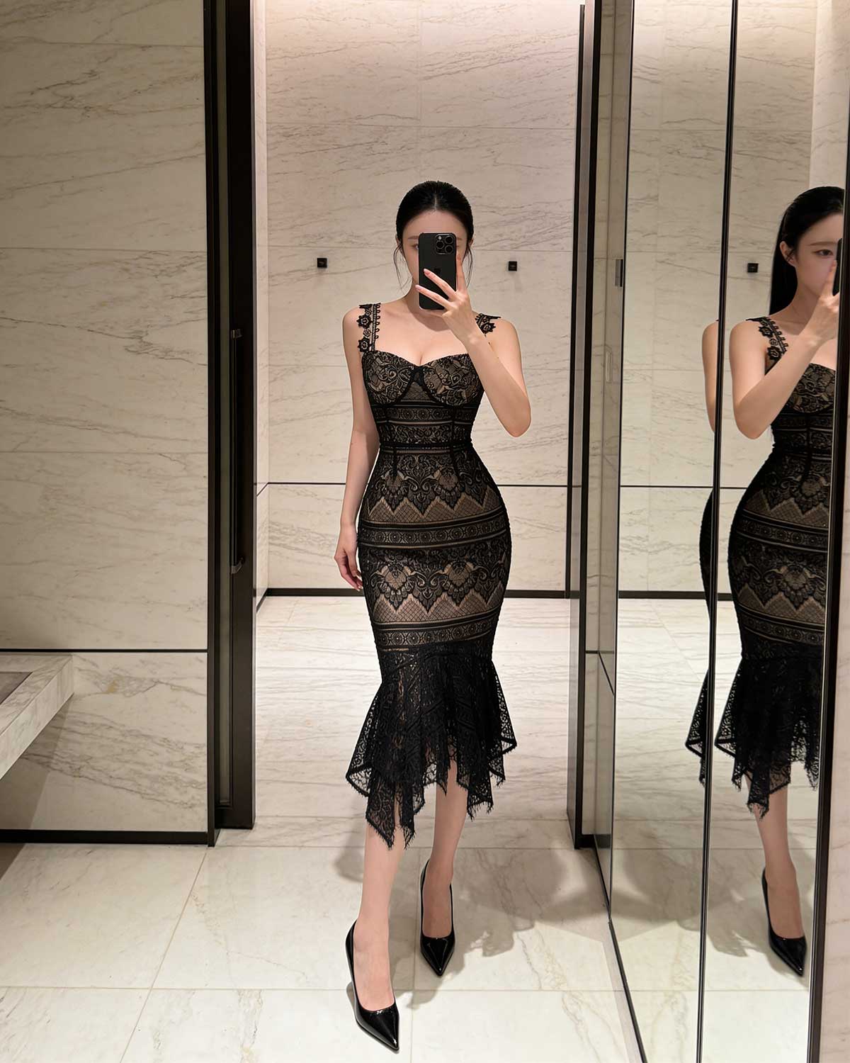 Exquisite Floral Lace Mermaid Midi Dress [Extreme Slim]