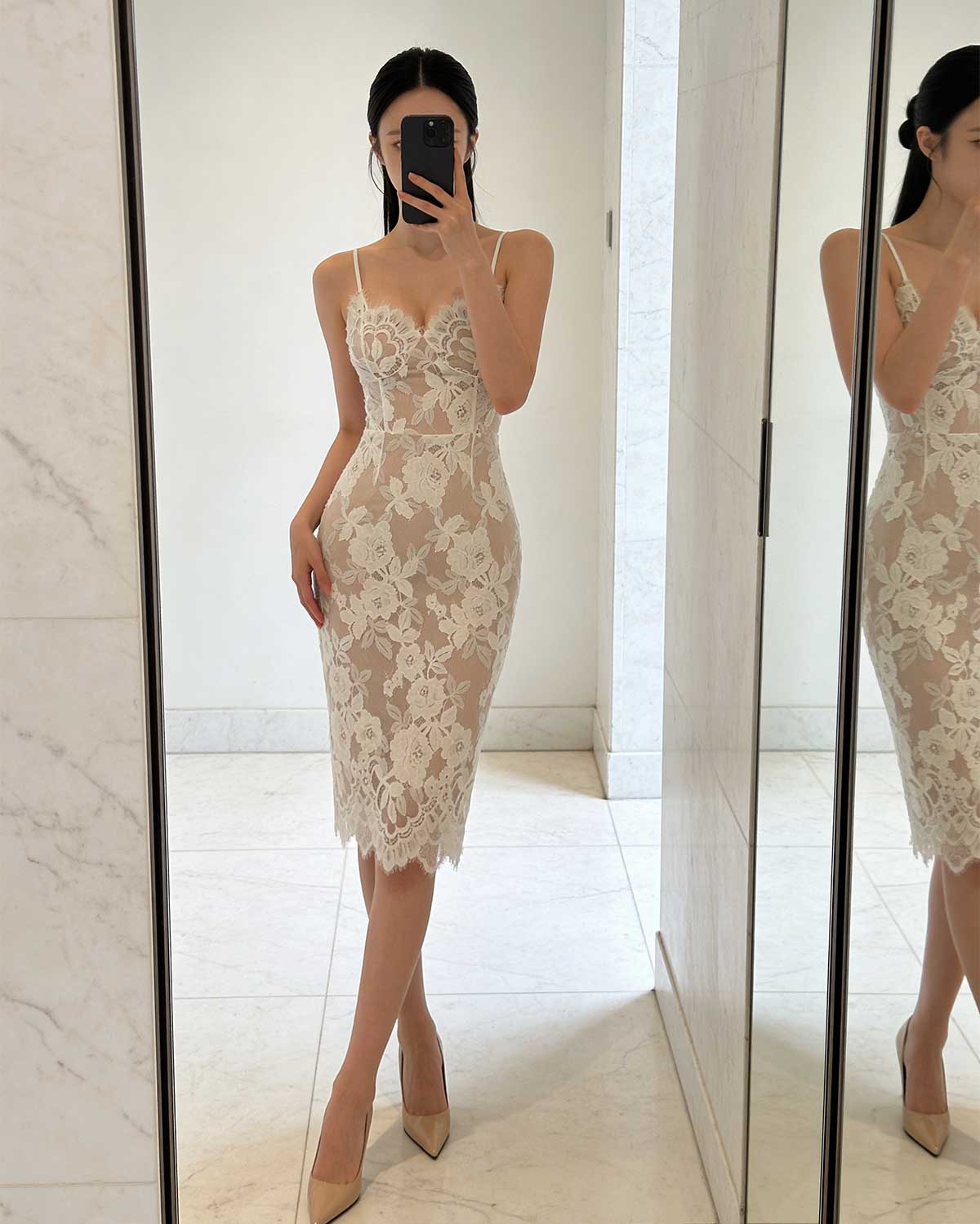Exquisite Floral Lace Spaghetti Strap Midi Dress [Extreme Slim]