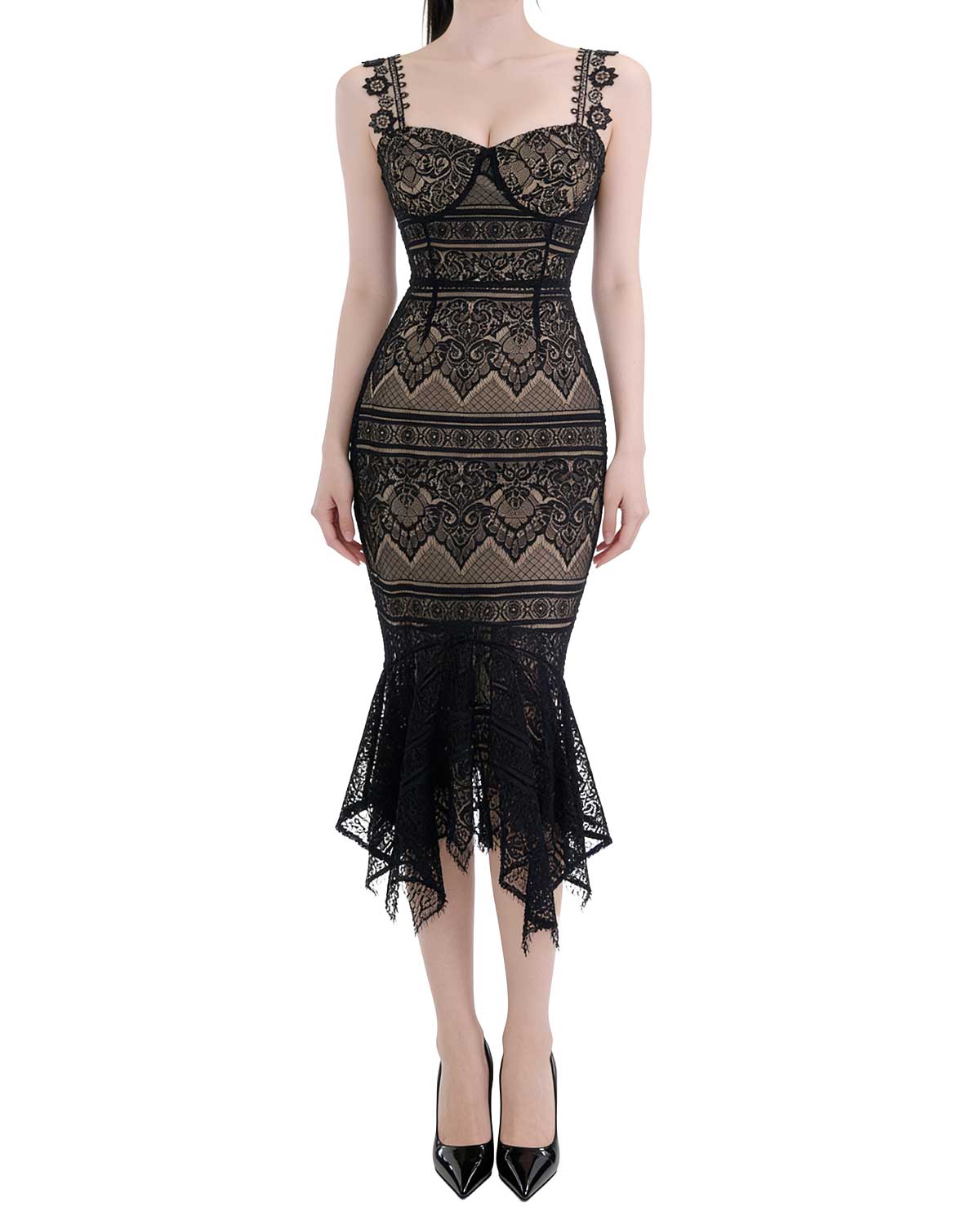 Exquisite Floral Lace Mermaid Midi Dress [Extreme Slim]